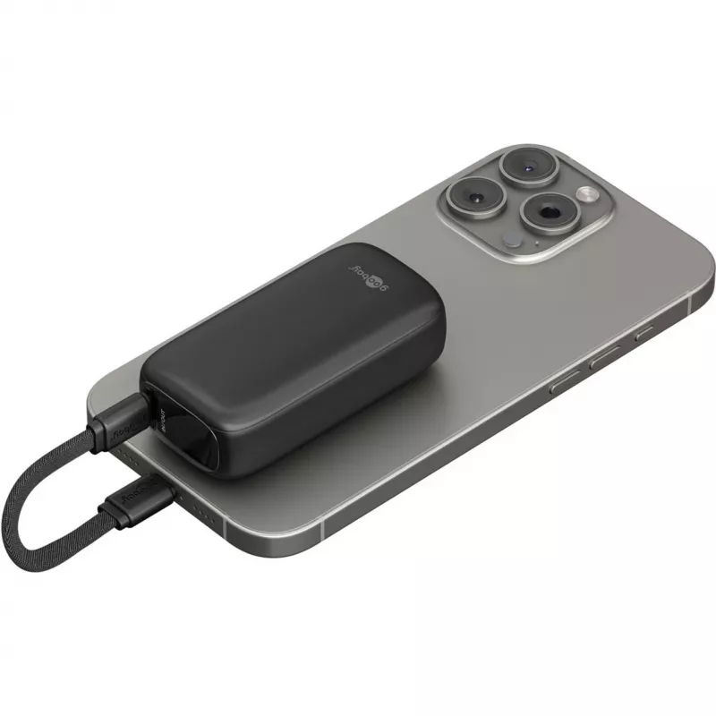 Powerbank 5.000 mAh, zintegrowany kabel USB-C 13 cm, 20 W (czarny, 5 Ah, 1x USB-A, 1x USB-C, PD, QC)