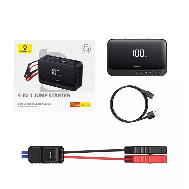 Ładowarka przenośna Baseus Super Energy 6000 mAh — rozruch awaryjny, LiPo 6000 mAh, 300 A prąd rozruchowy, 150 PSI, wbudowany wyświetlacz i latarka, USB-C + USB-A, czarna