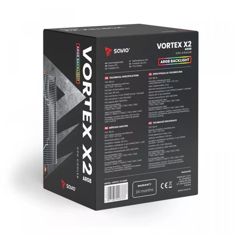 Chłodzenie procesora SAVIO SAVGCOVORTEXX2ARGB z 4 rurkami cieplnymi, wentylatorem 120 mm ARGB, czarne
