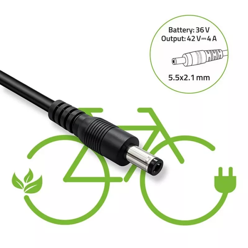 Ładowarka QOLTEC 36V–42V 4A do e-roweru, wtyk DC 5,5×2,1 mm