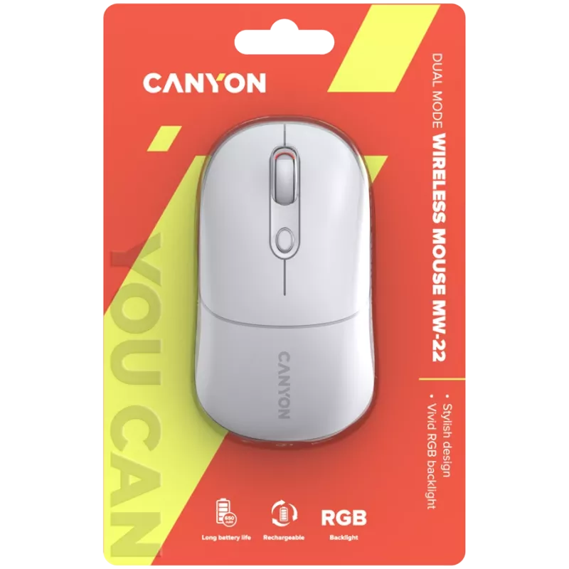 Canyon MW-22 CNS-CMSW22SW Mysz – 2 w 1 Bluetooth/2,4 GHz – optyczna – 800/1200/1600 DPI – 4 przyciski – podświetlenie RGB – ładowalna – Śnieżnobiała