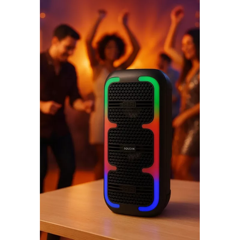 Przenośny głośnik stereo SQUEAK SQ1009 — Bluetooth 5.3, 45 W RMS, 10h bateria, FM, USB, AUX, LED, 1800 mAh, czarny