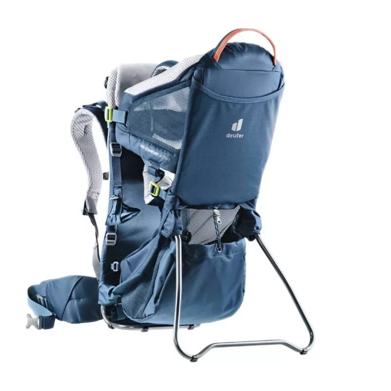 Plecak do noszenia dziecka DEUTER Kid Comfort Active — niebieski, poliamid, do 22 kg, daszek przeciwsłoneczny, podnóżek, VariQuick, Lite Air