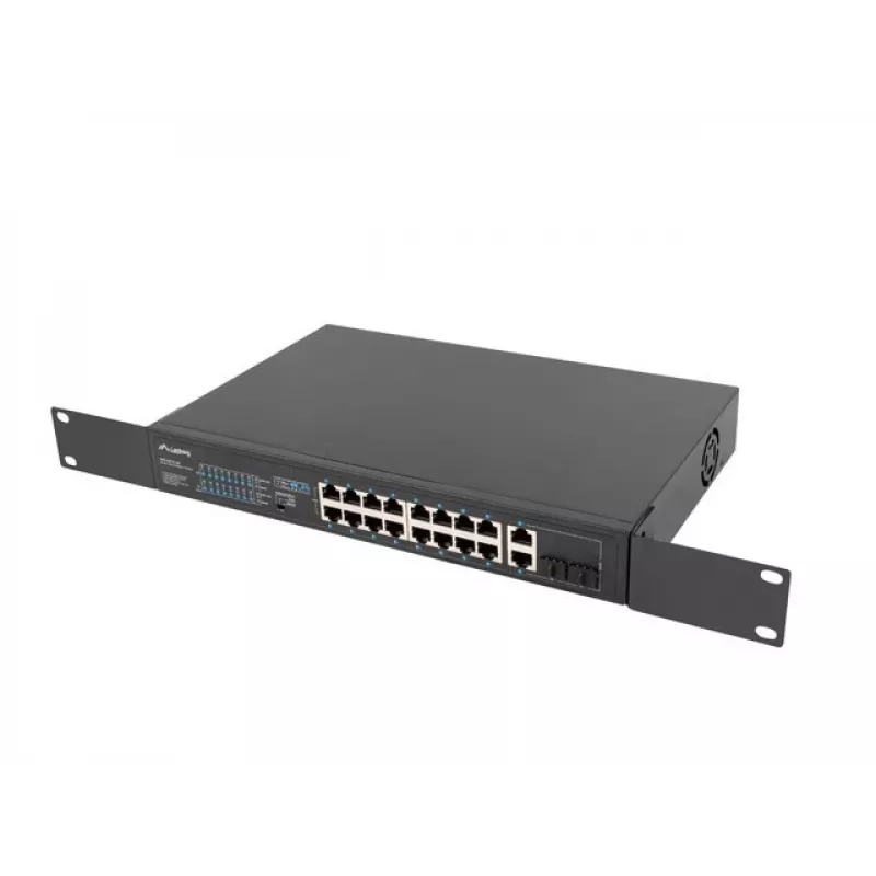 Niezarządzalny przełącznik LANBERG RSFE-16P-2C-250 — 18-portowy Gigabit, 16x PoE+ (30W), 2x SFP, 250W, 1U, metal, montaż w szafie