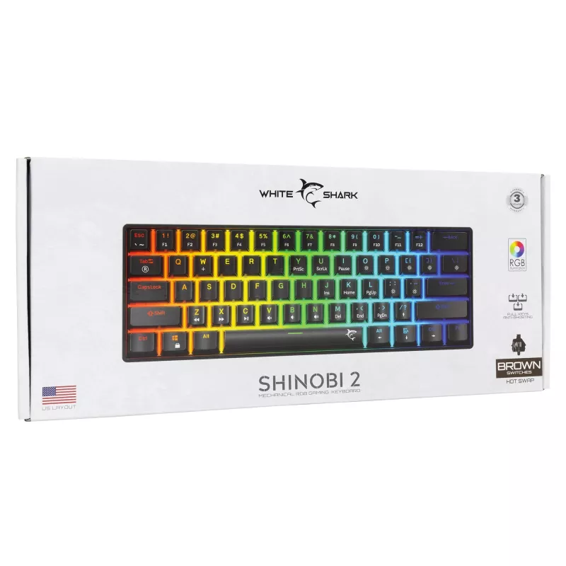 Klawiatura mechaniczna White Shark Shinobi-2 Czarny układ US z przełącznikami Brown
