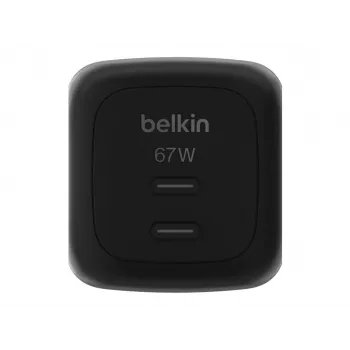 Szybka ładowarka sieciowa Belkin WCH020kqBK, 2× USB-C, uniwersalna kompatybilność, zabezpieczenia zasilania, czarna