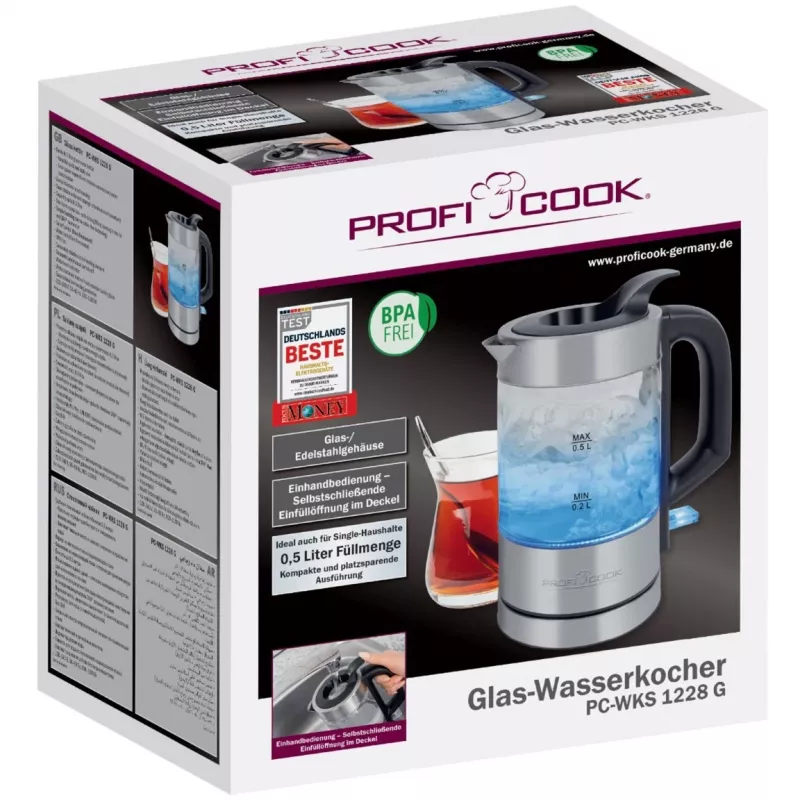 ProfiCook PC-WKS 1228 G czajnik elektryczny 0,5 l 1100 W stal nierdzewna, przezroczysty