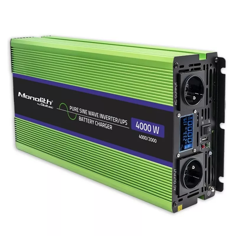 Qoltec Monolith Przetwornica napięcia | Ładowanie akumulatora | UPS | 2000W | 4000W | 12V na 230V | Czysty sinus | LCD czarno-zielony