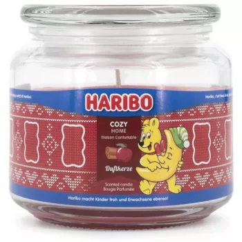 Świeca woskowa Haribo A2203 — okrągła, zapach jabłka i cynamonu, czerwona, wysokość 100 mm, średnica 100 mm, 300 g, szklany lampion