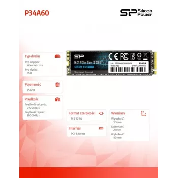 Dysk SSD M.2 NVMe Silicon Power P34A60 256 GB — PCIe Gen3x4, 2200/1600 MB/s, M.2 2280