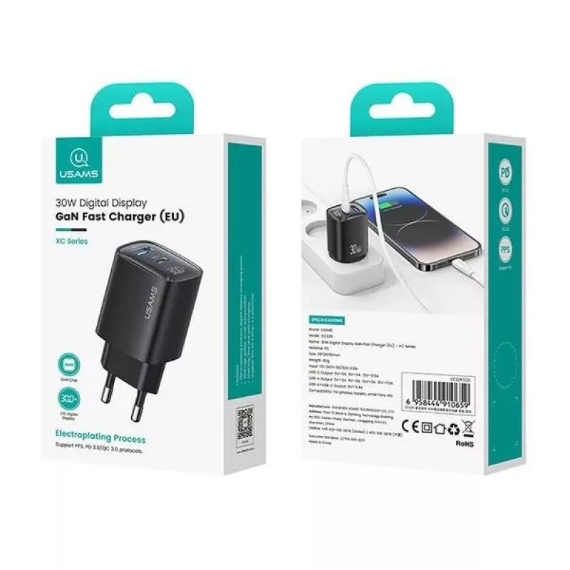 Ładowarka usams CC229 30W GaN USB-C i USB LED kompaktowa ładowarka podróżna