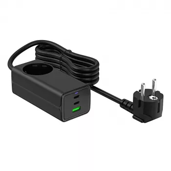 Ładowarka USB GaN Akyga AK-CH-21 65 W, 2 x USB-C + USB-A, z gniazdem AC, 1,5 m, czarna