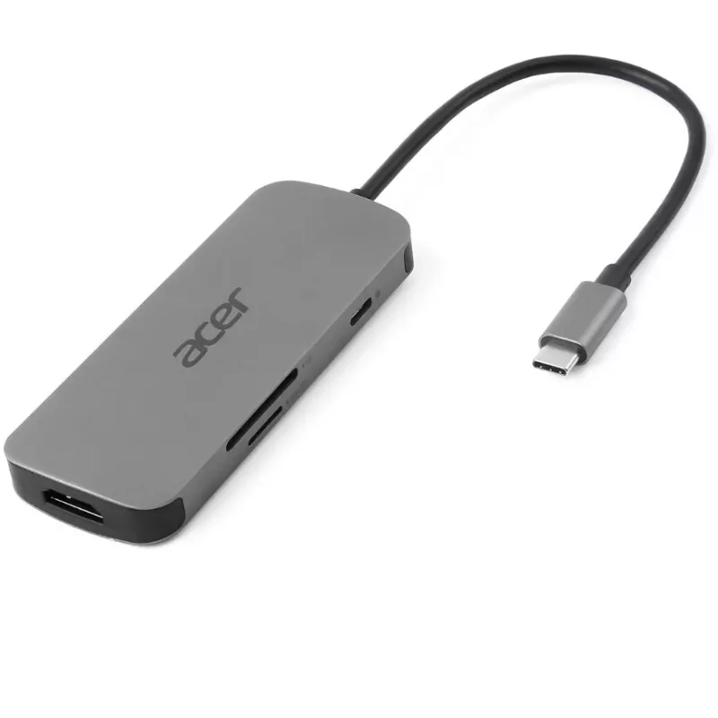 7-w-1 Dongle USB-C Acer — USB 3.2 Gen 1 Type-C, 3x USB-A, HDMI, SD/MicroSD, 100W PD, srebrny