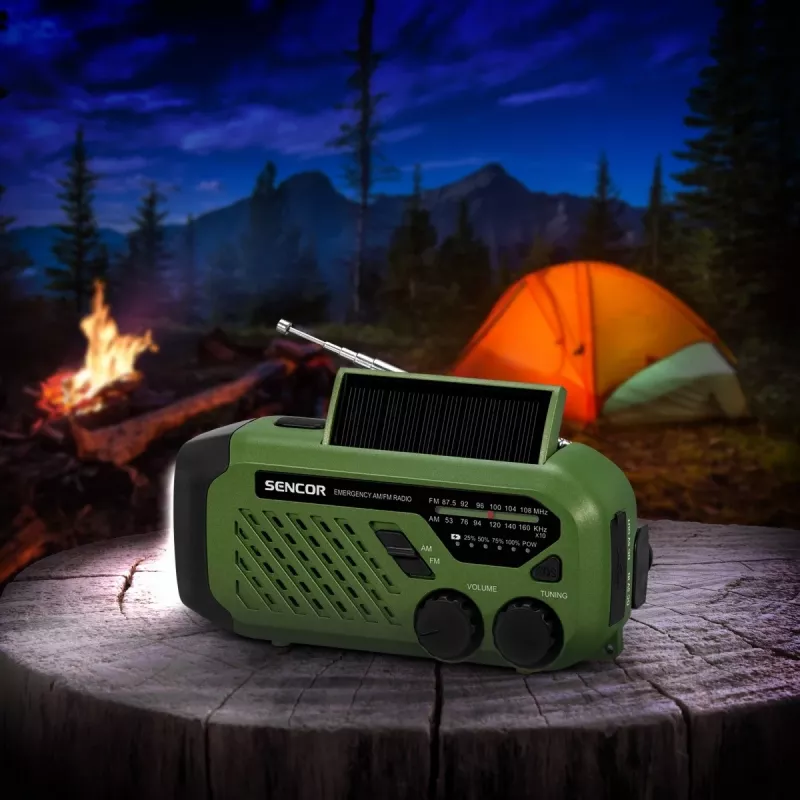 Przenośne radio FM/AM SENCOR SRD1000SCLGR z Bluetooth, ładowanie solarne/korbką/USB-C, akumulator 2000 mAh, IPX4, oświetlenie LED