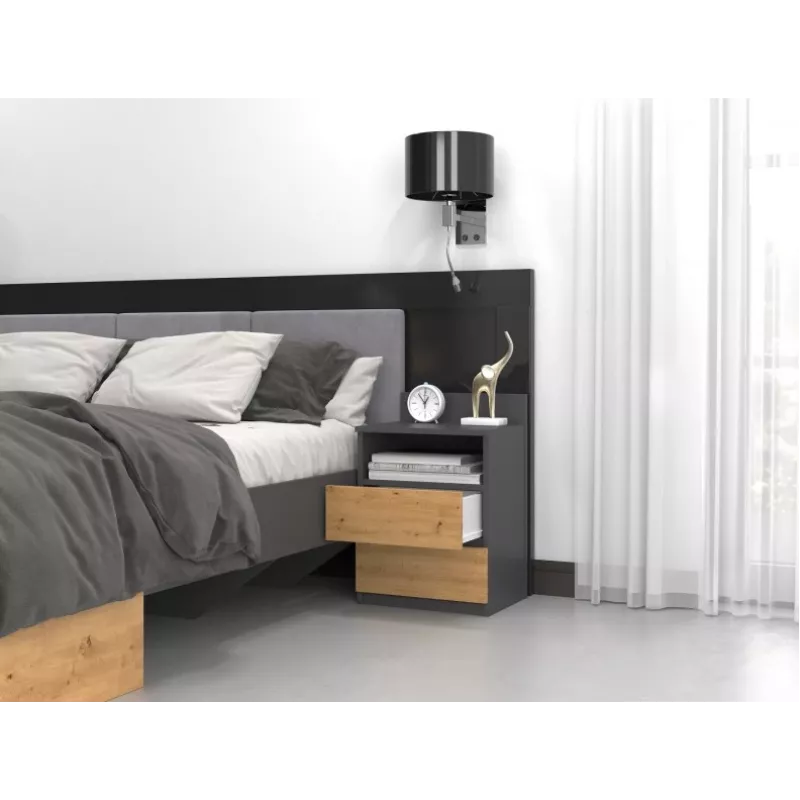 Szafka nocna top e shop M1 ANTRACYT/ARTISAN, Dąb, 2 szuflady, 400×320×590 mm