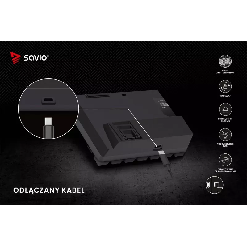 Mechaniczna klawiatura gamingowa SAVIO CzarnyOUT X2 BROWN 61-klawiszowa 60% USB QWERTY RGB Outemu Brown