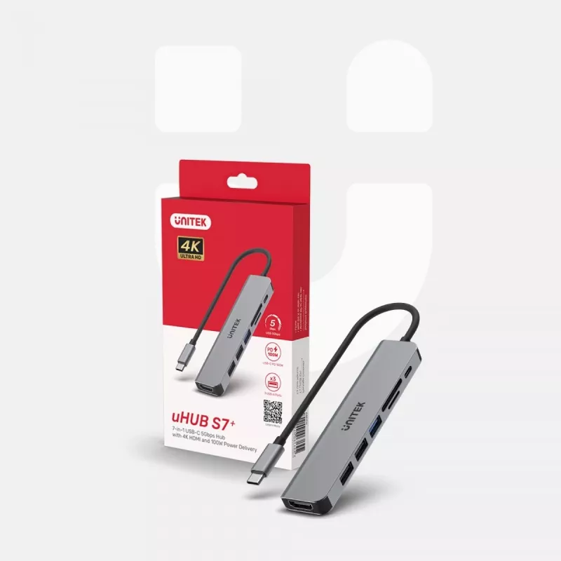 USB-C Hub Unitek 7in1 Aluminium PD 100W 5 Gbps — wieloportowy adapter z Power Delivery
