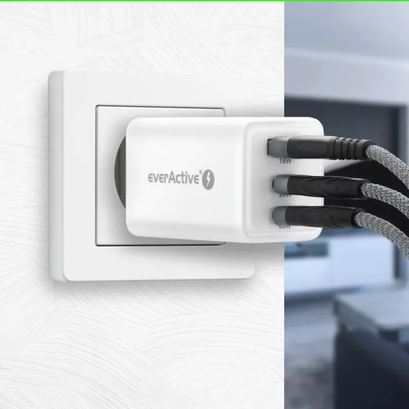 Ładowarka sieciowa everActive SQ-655Q 65W, 1×USB-A + 2×USB-C szybkie ładowanie