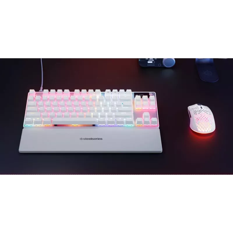 Mechaniczna klawiatura gamingowa TKL STEELSERIES Apex Pro TKL Gen 3 biała — układ US, RGB, regulowane przełączniki