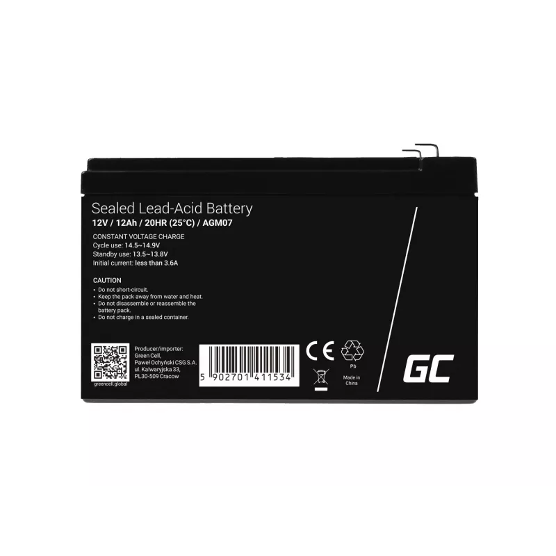 Akumulator AGM zielony Cell 12V 12Ah – Szczelny kwasowo-ołowiowy (VRLA), 151×98×95 mm, 3,3 kg