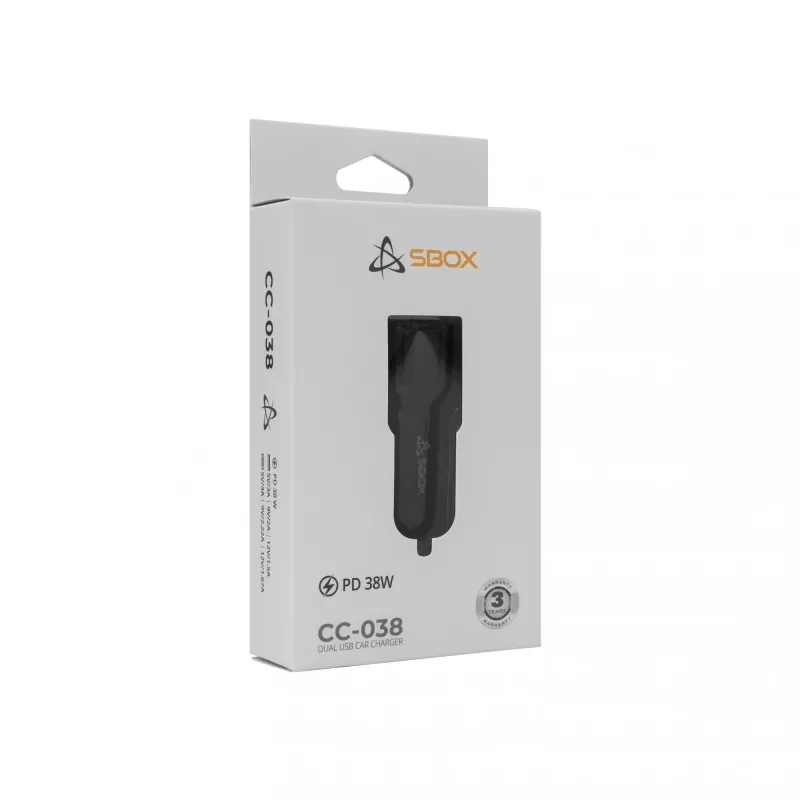 Ładowarka samochodowa SBOX CC-038 38W Czarna — dwuportowy zasilacz USB do pojazdu