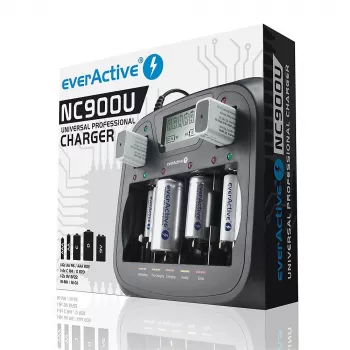 Ładowarka do akumulatorów everActive NC-900U Uniwersalna DC — ładuje AA, AAA, C, D, 9V, do 6 ogniw, czarna