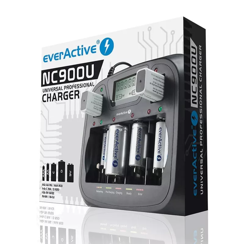 Ładowarka do akumulatorów everActive NC-900U Uniwersalna DC — ładuje AA, AAA, C, D, 9V, do 6 ogniw, czarna