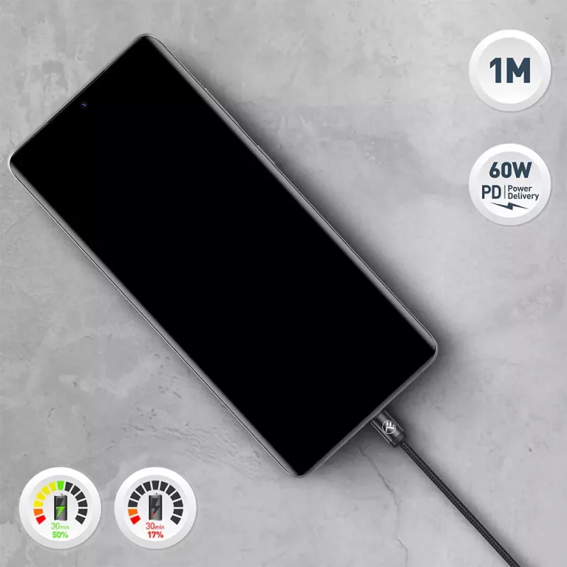 Kabel USB-C Tellur TLL155791, 1 m, 3A, czarny