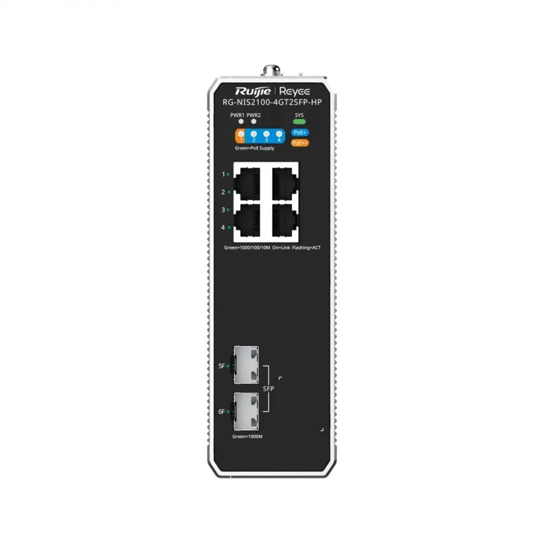Zarządzalny przełącznik sieciowy L2 RUIJIE RG-NIS2100-4GT2SFP-HP — 4× Gigabit RJ45, 2× SFP, PoE++ (180 W), montaż w szafie rack/na ścianie/na szynie DIN