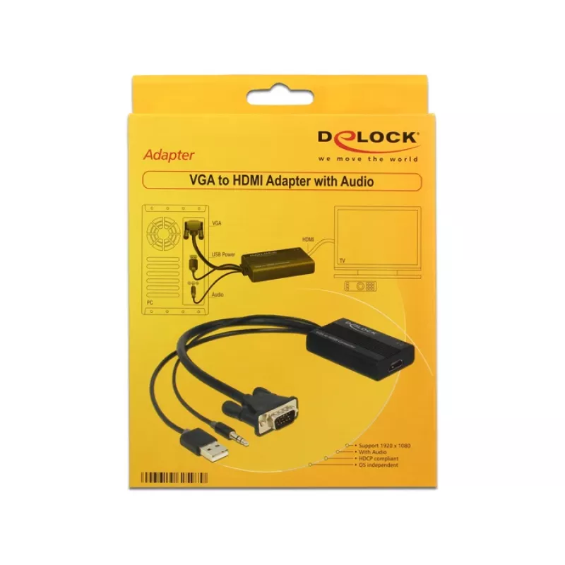 Adapter kabla wideo DeLOCK 62597 0,25 m HDMI typ A VGA D-Sub 3,5 mm USB typ A czarny