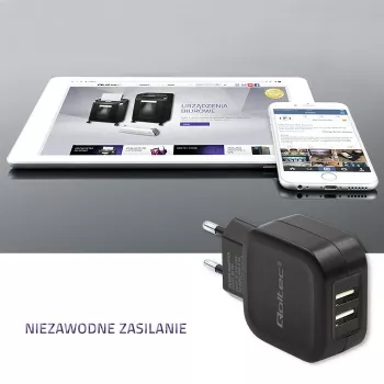 Ładowarka sieciowa QOLTEC 50186 do smartfonów i tabletów, 5 V 3,4 A, 17 W, 2× USB, czarna