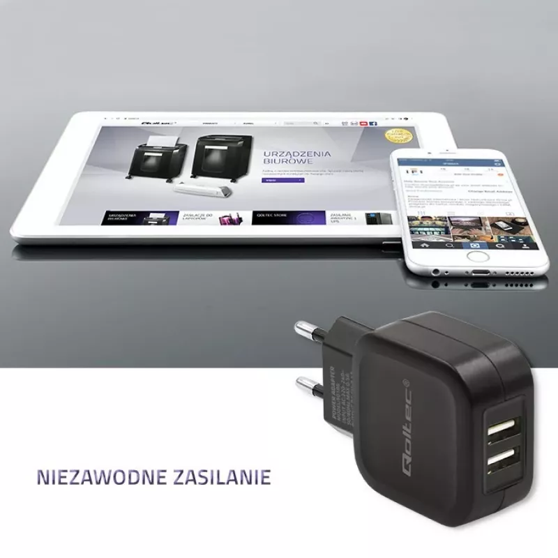 Ładowarka sieciowa QOLTEC 50186 do smartfonów i tabletów, 5 V 3,4 A, 17 W, 2× USB, czarna