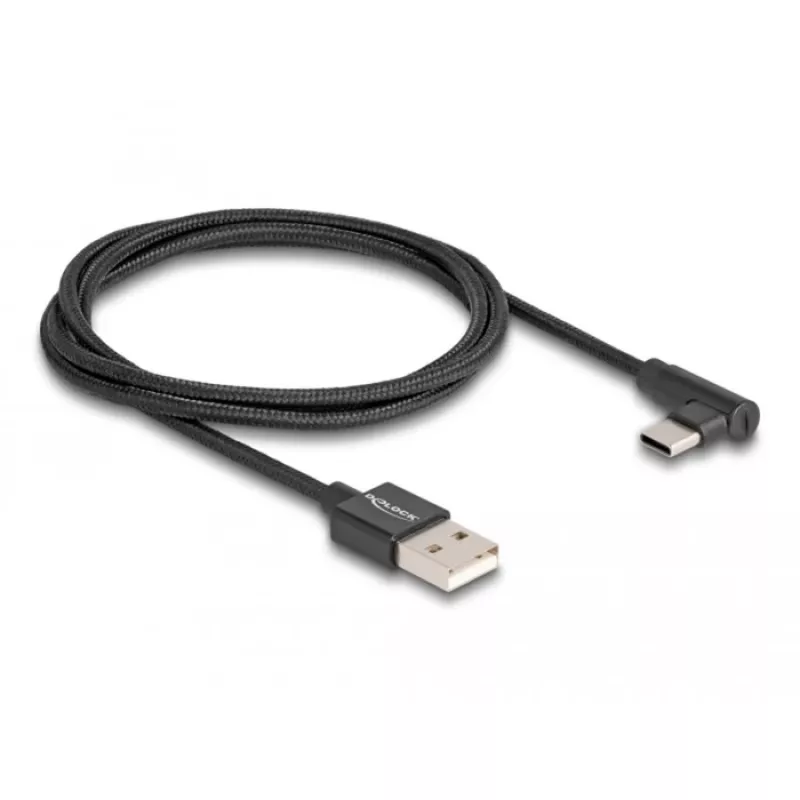 Kabel USB 2.0, wtyk USB-A > wtyk USB-C (czarny, 1 metr, w oplocie, kąt 90°)