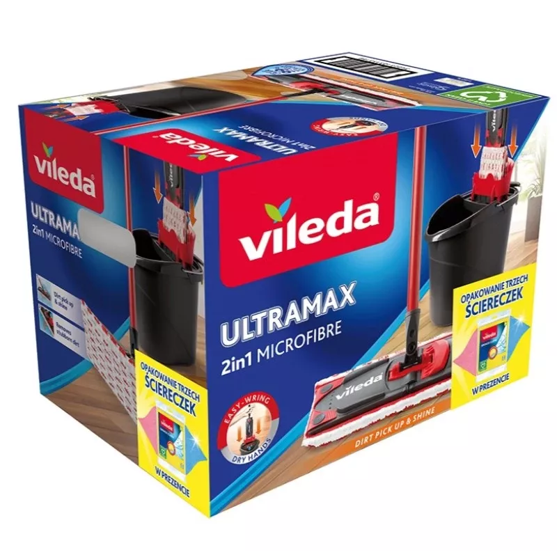Mop podłogowy VILEDA Ultramax BOX 177453 z wymienną głowicą z mikrofibry, wiadrem z wyciskarką, 3 ściereczkami nadającymi się do prania, czarny