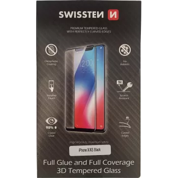 Hartowane szkło ochronne 3D Full-Glue SWISSTEN do iPhone X/XS — czarne, pełne pokrycie