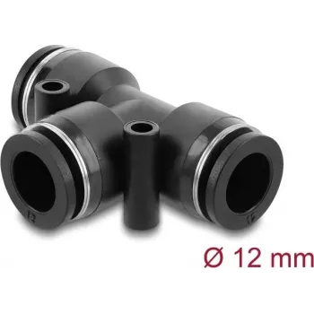 Pneumatyczny łącznik T DELOCK 12 mm, gwint wewnętrzny, korpus metal/tworzywo, 58 mm, dwa otwory montażowe
