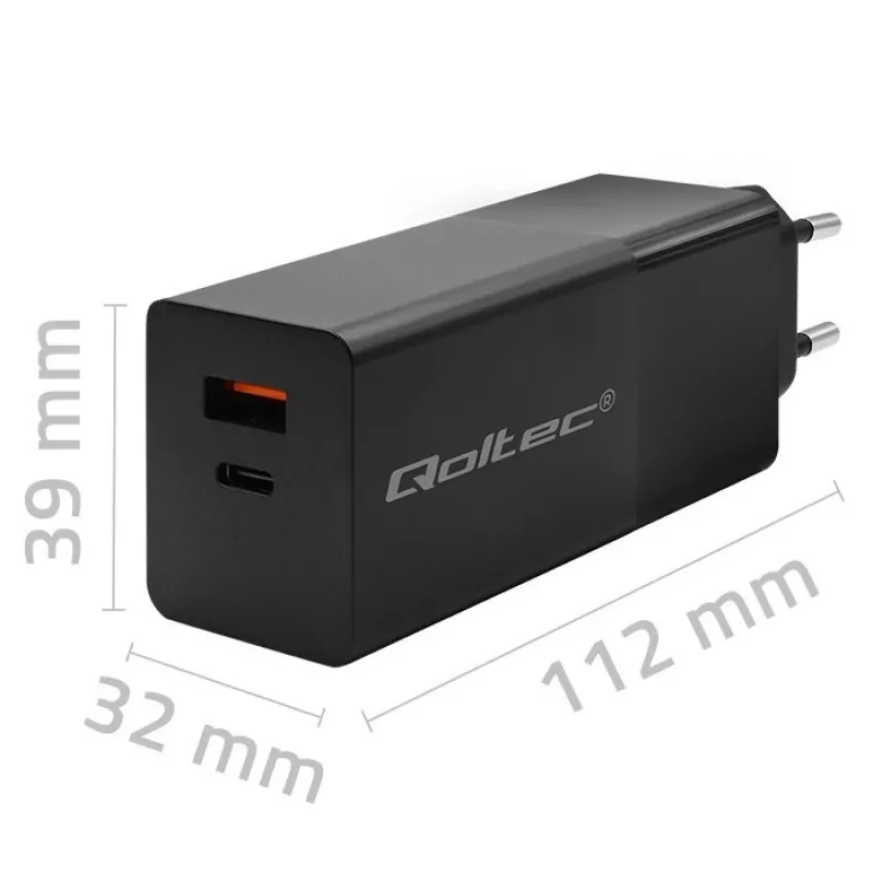 Qoltec 52382 GaN POWER PRO ładowarka | 1xUSB typu C | 1xUSB A | 100W | 5-20V | 1.5-5A | PD | Czarny