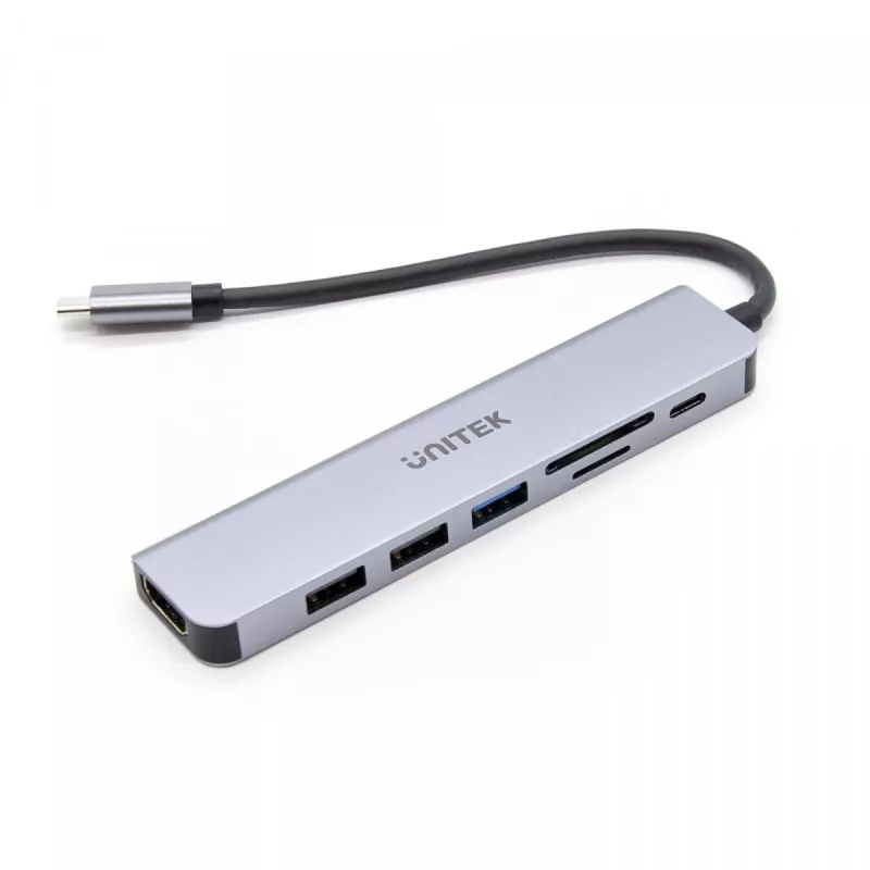 USB-C Hub Unitek 7in1 Aluminium PD 100W 5 Gbps — wieloportowy adapter z Power Delivery