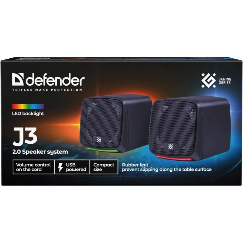 Głośniki komputerowe DEFENDER J3 2.0 6W LED USB, 2×3 W RMS, 90–20000 Hz, 3,5 mm, czarne