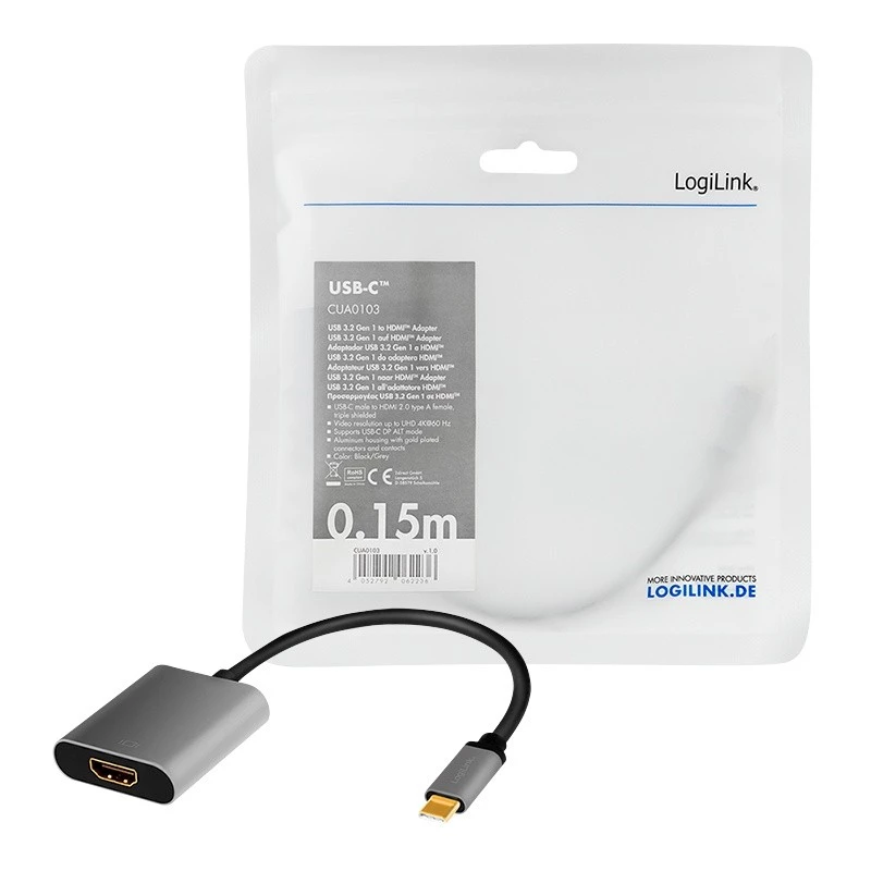 LogiLink CUA0103 Kabel USB 3.2 Gen1 Type-C na HDMI-A 0,15 m Czarny Szary
