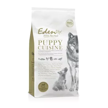Sucha karma dla psa Eden Puppy Cuisine 80/20 średni granulat 2 kg — formuła dla szczeniąt, łosoś, 40% białka, 17,5% tłuszczu