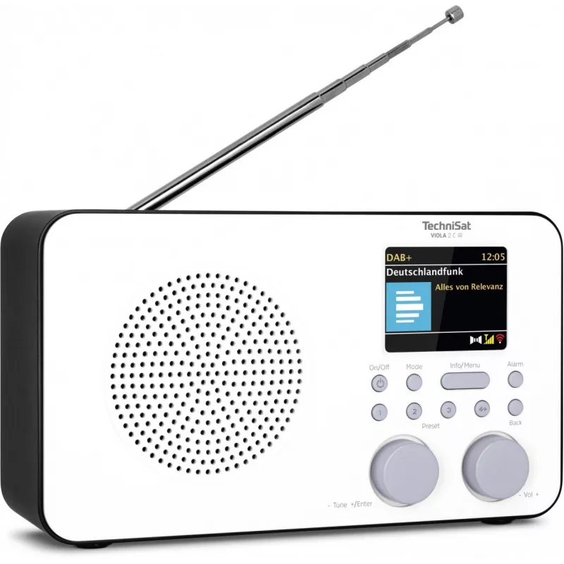 Radio internetowe TECHNISAT VIOLA 2 C IR — Tuner analogowy i cyfrowy, DAB+/FM, Wi‑Fi, 3 W, 2,4-calowy TFT, 3,5 mm, Czarny/Biały