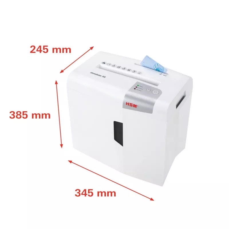 Niszczarka papieru HSM X5 cięcie cząsteczkowe P-4, szerokość robocza 22 cm, cząstki 4,5 mm, pojemność 5 arkuszy, kosz 18 l