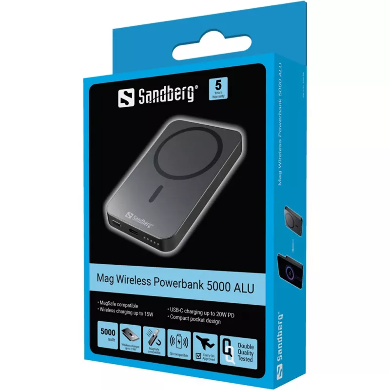 Przenośny powerbank Sandberg Mag Wireless Powerbank 5000 ALU, 5000 mAh
