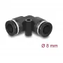 Złącze pneumatyczne DELOCK 8 mm 90° kątowe z otworem montażowym, czarne, metal/tworzywo, gwint wewnętrzny, 30 mm