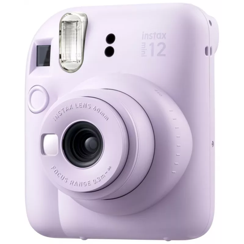 Aparat natychmiastowy Fujifilm Instax Mini 12 fioletowy — zdjęcie 86×54 mm, film 62×46 mm, ogniskowa 60 mm