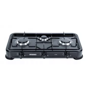 Kuchenka gazowa PROMIS KG300C, 3 palniki, ręczne pokrętła, czarna płyta, 580×310×110 mm
