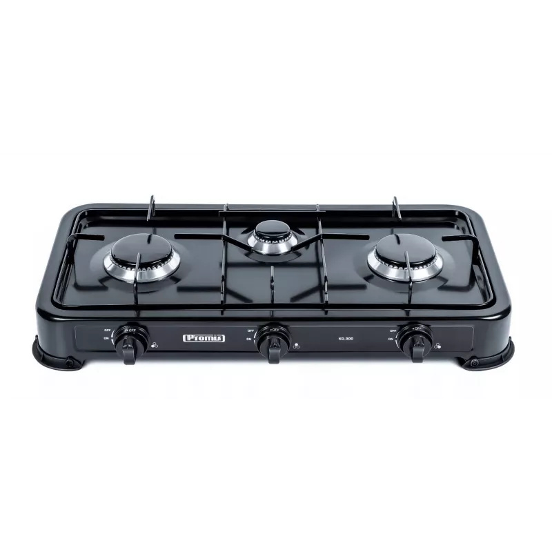 Kuchenka gazowa PROMIS KG300C, 3 palniki, ręczne pokrętła, czarna płyta, 580×310×110 mm