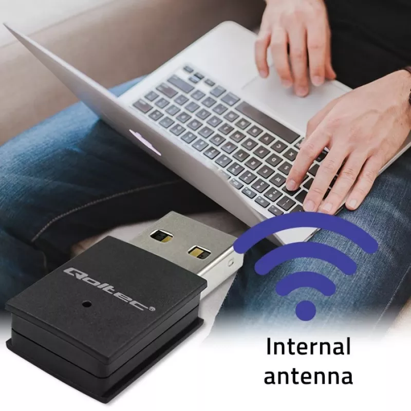 Bezprzewodowy mini adapter USB Wi-Fi QOLTEC 57007 — jednopasmowy 2.4 GHz, do 150 Mbps, antena wewnętrzna