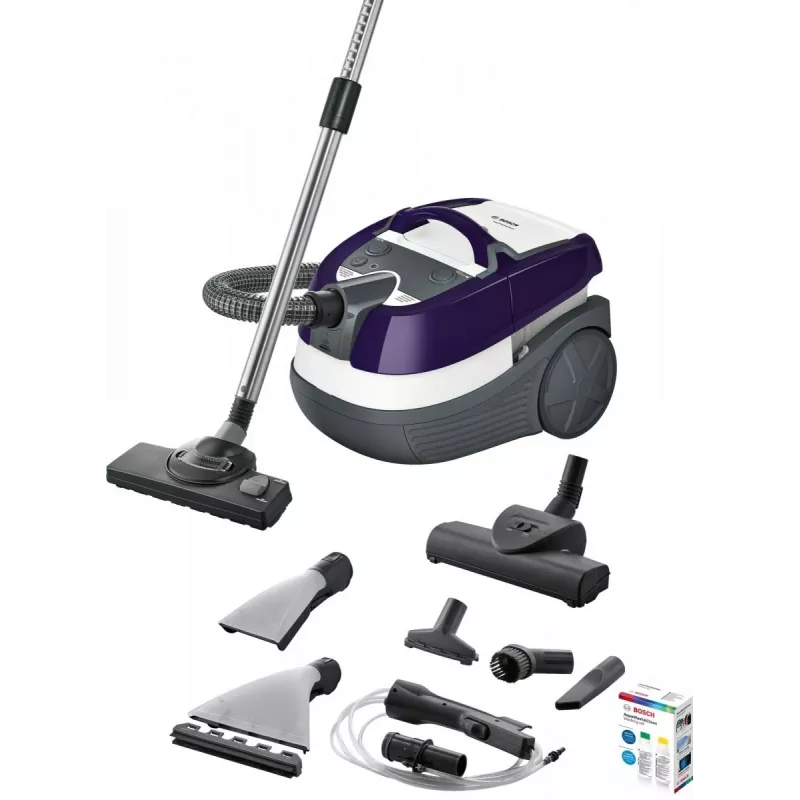 Odkurzacz do czyszczenia na mokro i sucho Bosch BWD 41740 AquaWash&Clean — 1700 W, zbiornik 5 l, filtr EPA, rura teleskopowa, promień roboczy 9 m, fioletowy